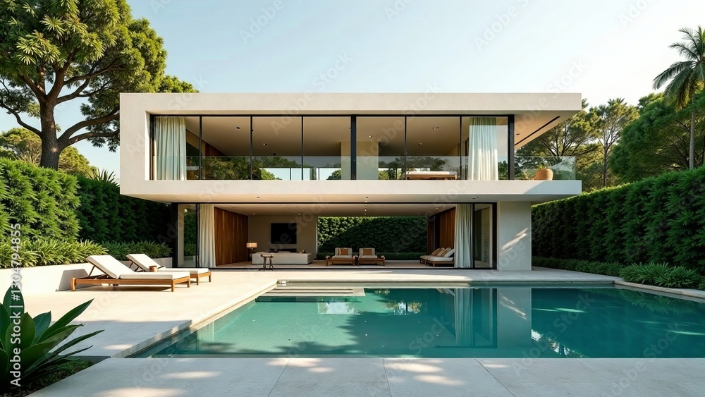 Fototapeta premium Modern Architectural Design Featuring Two-Story Residence with Infinity Pool and Lush Landscaping