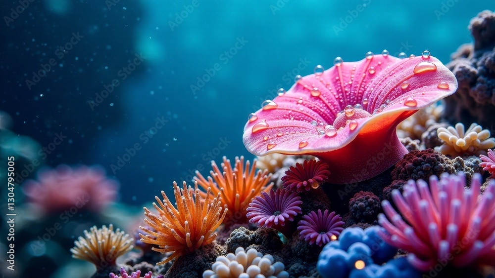 Obraz premium Vibrant Underwater Scene Featuring Delicate Coral Blooms and Water Droplets Adorning a Striking Pink Flower-Shaped Sea Creature