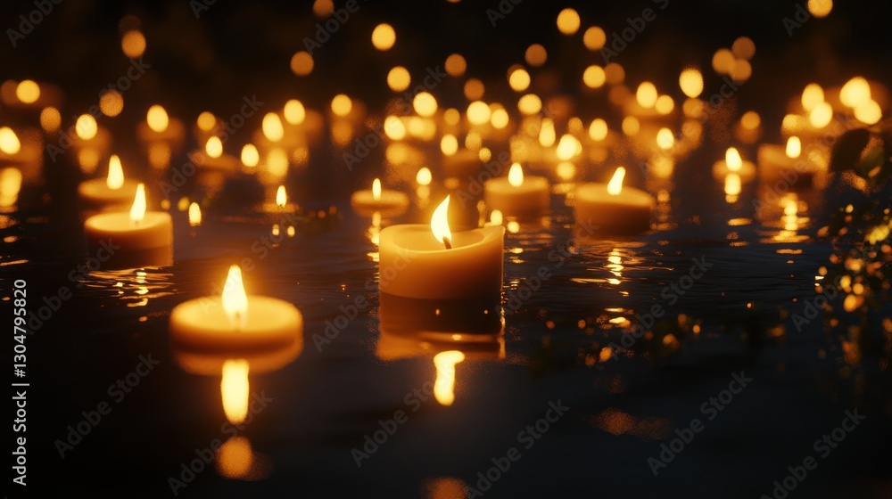 Floating candles on water at night; peaceful scene; contemplative use Floating candles on water at night; peaceful scene; contemplative use
