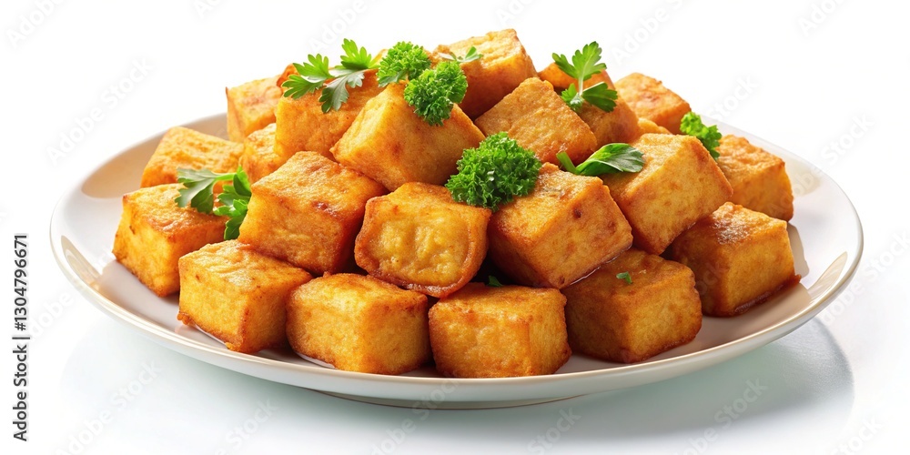Fried Tofu Cubes - Delicious Dish on White Background Fried Tofu Cubes - Delicious Dish on White Background