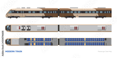 Modern train passenger seat map. Top and side view of 3d locomotive model. Rail transport interior scheme. Brown express isolated drawing