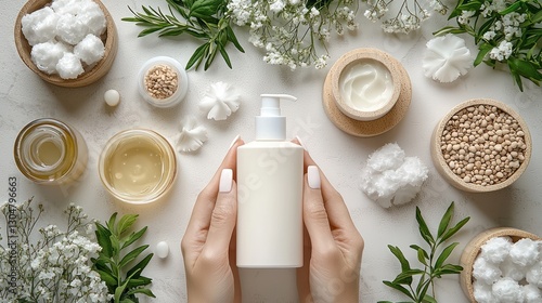 Woman holding lotion bottle surrounded by natural spa products photo