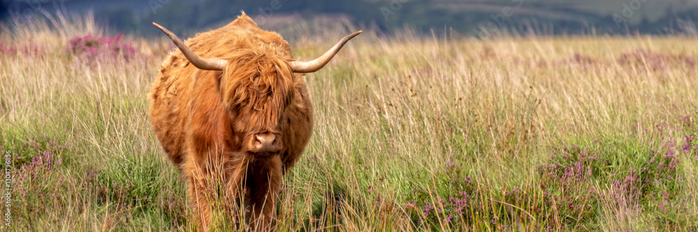 Panoramic photo of a Highland cow in Dartmoor, Devon, UK Panoramic photo of a Highland cow in Dartmoor, Devon, UK