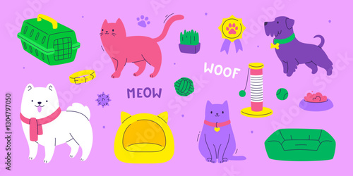 Cute pet set with grooming supplies. Cartoon cats and dogs collection with accessories.