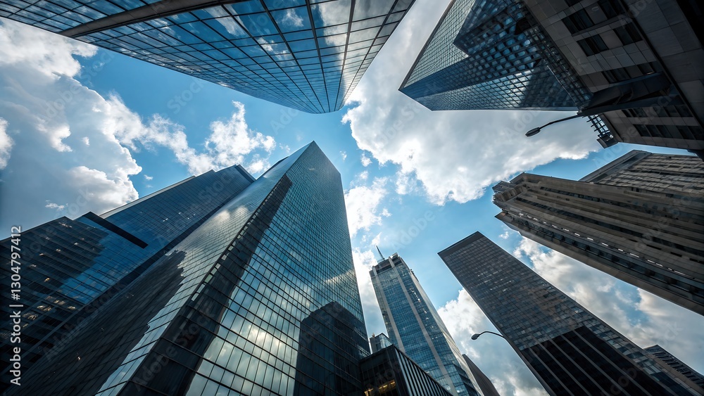 Low-Angle View of Modern Glass Skyscrapers Against Blue Sky Low-Angle View of Modern Glass Skyscrapers Against Blue Sky