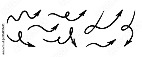 Squiggly arrow doodle set. Hand drawn vector line fun playful bounce icons, black jump thick motion design elements. Movement symbol