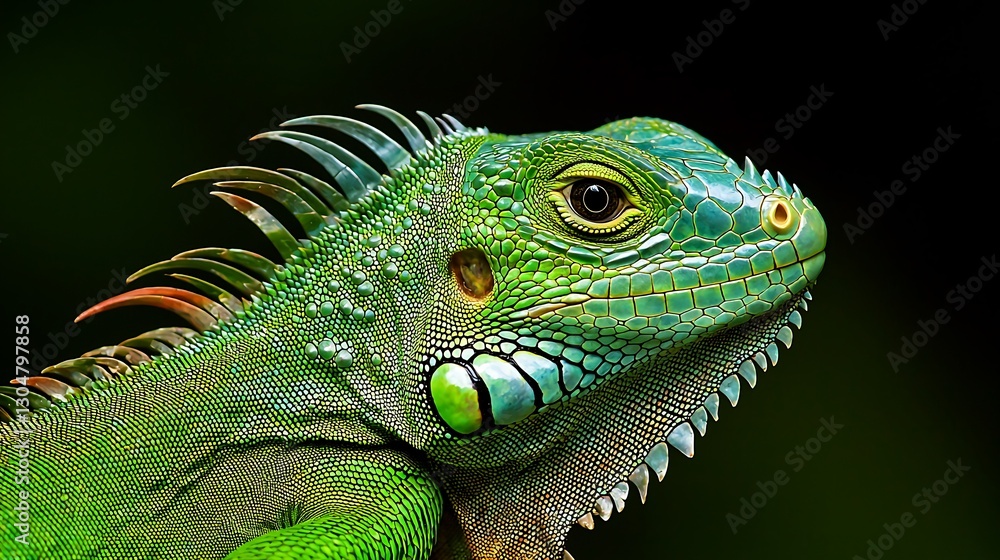 Close-up portrait of vibrant green iguana in profile, showcasing scales, spikes, and a dark background Close-up portrait of vibrant green iguana in profile, showcasing scales, spikes, and a dark background