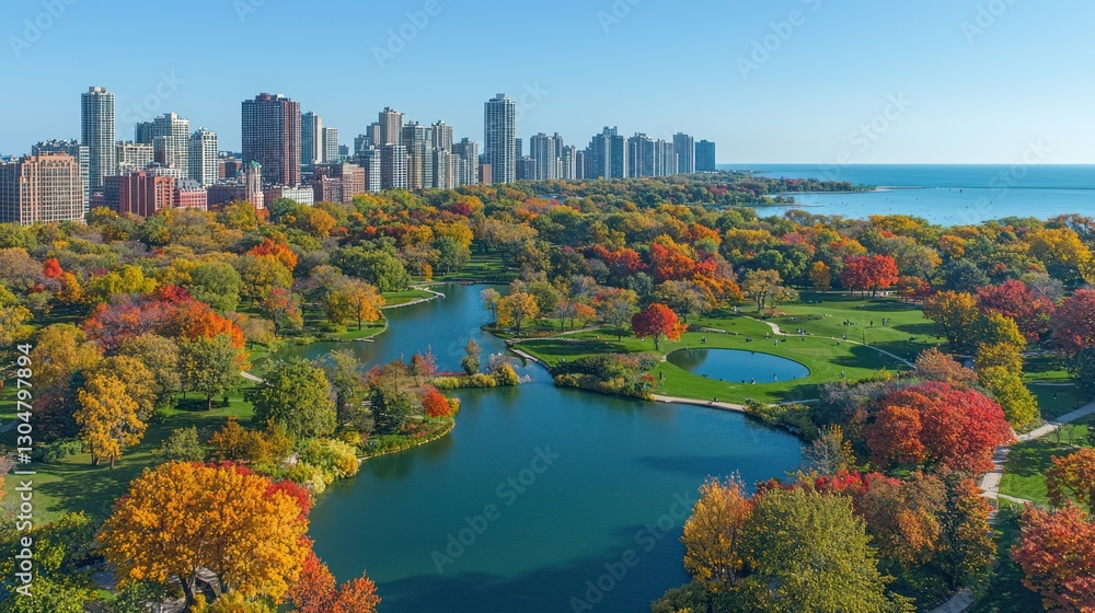 Fototapeta premium Autumn park, city skyline, lake, aerial view, scenic fall foliage, Chicago, USA
