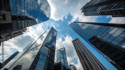 Low-Angle View of Modern Glass Skyscrapers Against Blue Sky