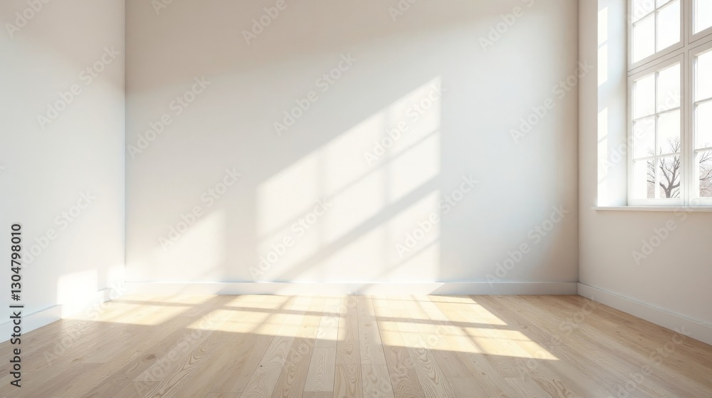 Empty room with sunlight streaming through a window, showcasing light hardwood floors and pristine white walls, perfect for interior design inspiration Empty room with sunlight streaming through a window, showcasing light hardwood floors and pristine white walls, perfect for interior design inspiration