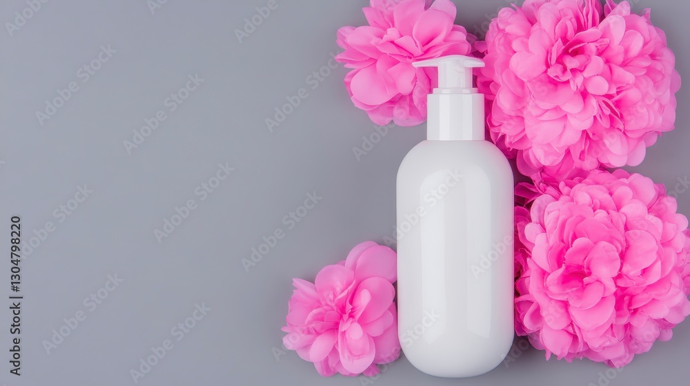 White Cosmetic Bottle with Pink Flowers on Gray Background White Cosmetic Bottle with Pink Flowers on Gray Background