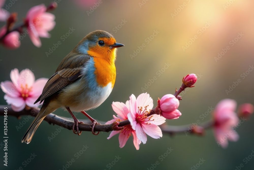 Branch covered in blossoms and a European robin, tree branches blossoms, woodland flora Branch covered in blossoms and a European robin, tree branches blossoms, woodland flora