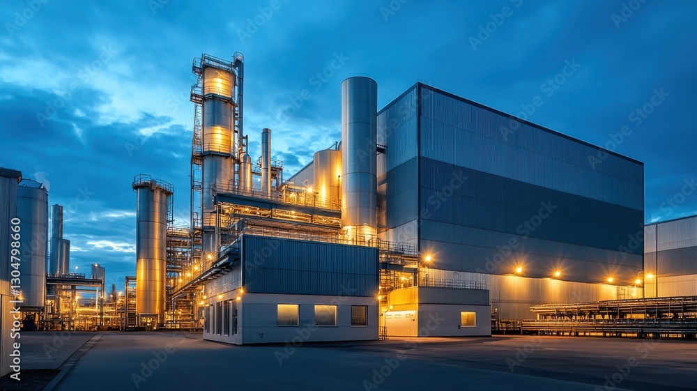 Industrial power plant at dusk with illuminated structures and dramatic sky. Conveyor Belt on a Modern Factory Industrial power plant at dusk with illuminated structures and dramatic sky. Conveyor Belt on a Modern Factory