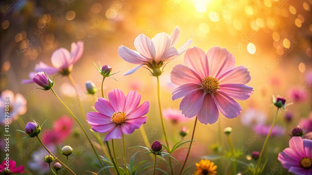 Vibrant Cosmos Flowers in Soft Sunlight, Bokeh Background - Nature Photography Vibrant Cosmos Flowers in Soft Sunlight, Bokeh Background - Nature Photography