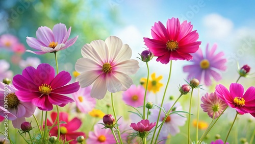 Vibrant Cosmos Flowers Bouquet Isolated on White, Spring Summer Floral Background, Colorful Garden Blossoms