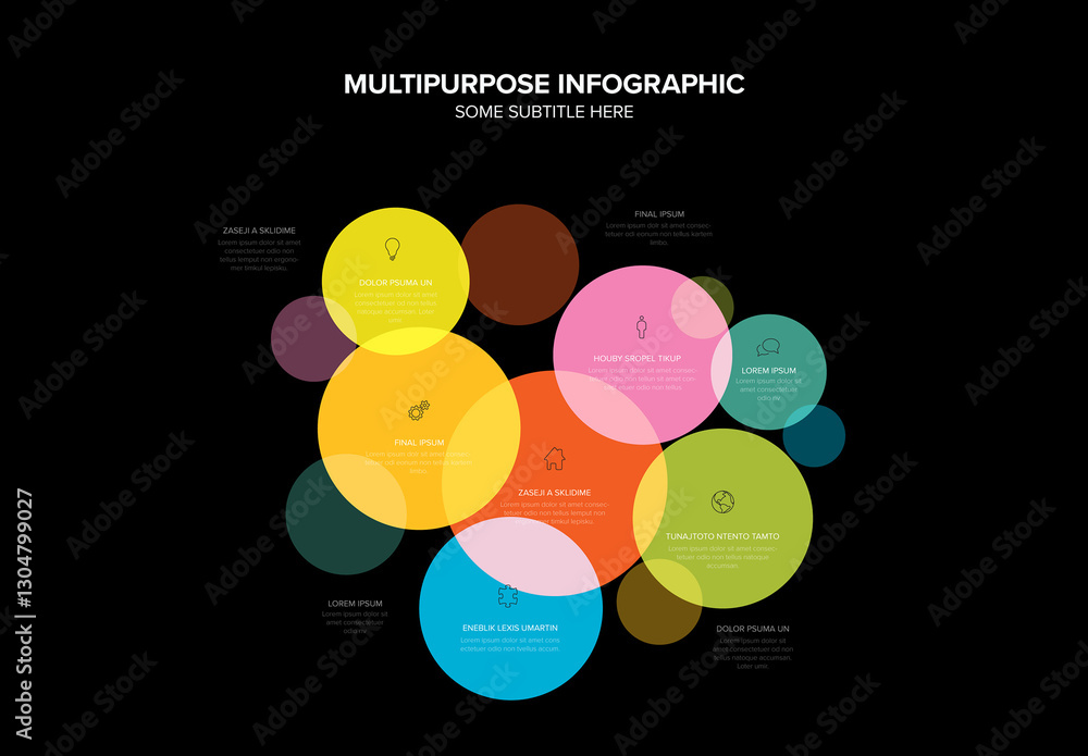 Colorful Circles Dark Infographic Design Template made from colorful circles and icons