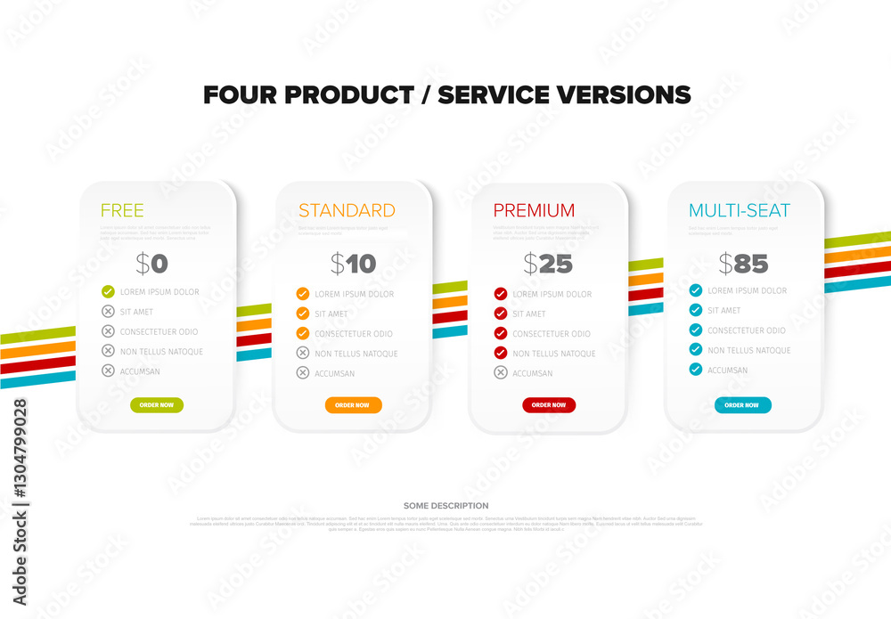 Template with four subscription product options - free, standard, proffesional, multi seat team with features lists