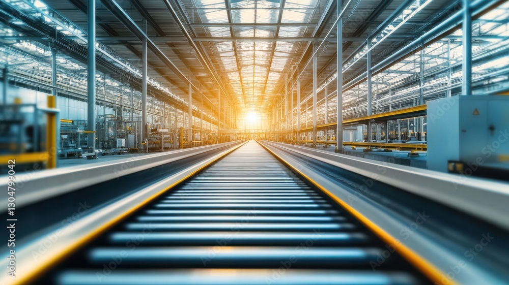 Industrial factory interior with sunlit conveyor belt for manufacturing and production concepts. Conveyor Belt on a Modern Factory Industrial factory interior with sunlit conveyor belt for manufacturing and production concepts. Conveyor Belt on a Modern Factory