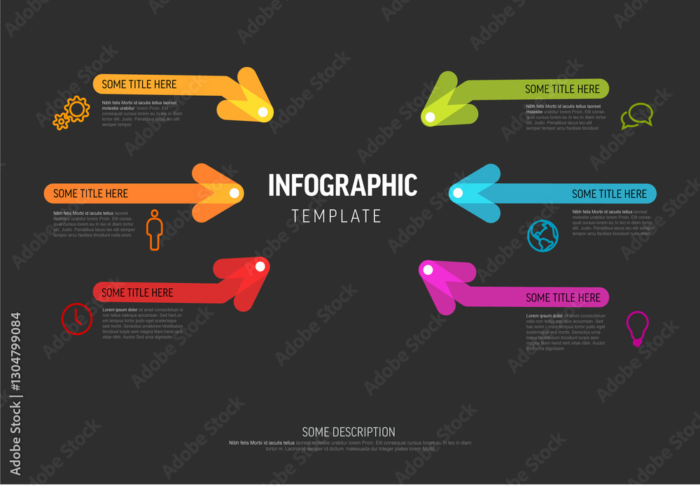 Colorful Infographic Template with six items and big thick highlighted arrows in different colors on dark background