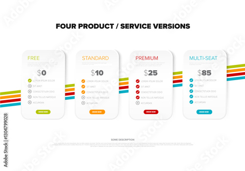 Template with four subscription product options - free, standard, proffesional, multi seat team with features lists