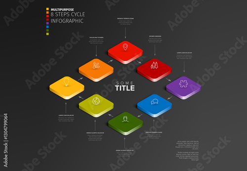 Obraz na płótnie Colorful Dark 8-Step Cycle Progress Process Infographic made from colorful blocks and icons w salonie