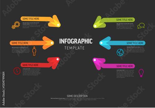 Obraz na płótnie Colorful Infographic Template with six items and big thick highlighted arrows in different colors on dark background w salonie