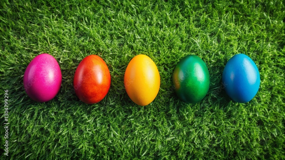 Vibrant Easter Eggs on Green Grass - Festive Spring Holiday Drone Shot Vibrant Easter Eggs on Green Grass - Festive Spring Holiday Drone Shot
