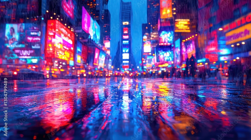 Obraz premium Rainy night Times Square, city lights reflected in puddles, vibrant street scene, use for travel or city life background