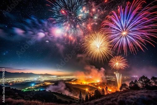 Vibrant Fireworks Display Over Serene Night Landscape