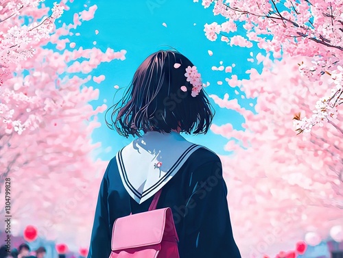 Stylish anime character under cherry blossom trees japan digital art vibrant spring landscape serene view