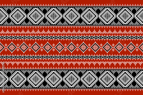 Seamless white floral damask tracery shape with black geometric ethnic tradition pattern texture on red background	