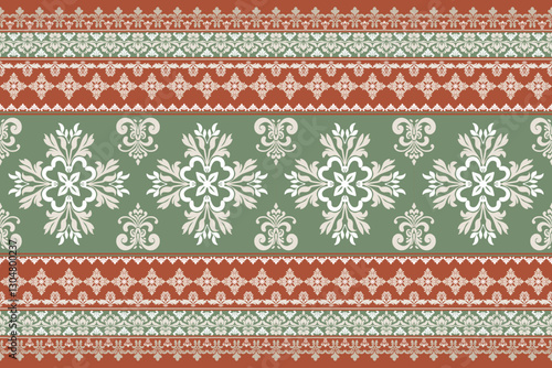 Seamless white floral damask tracery shape with geometric ethnic tradition pattern texture on pastel green and orange background	