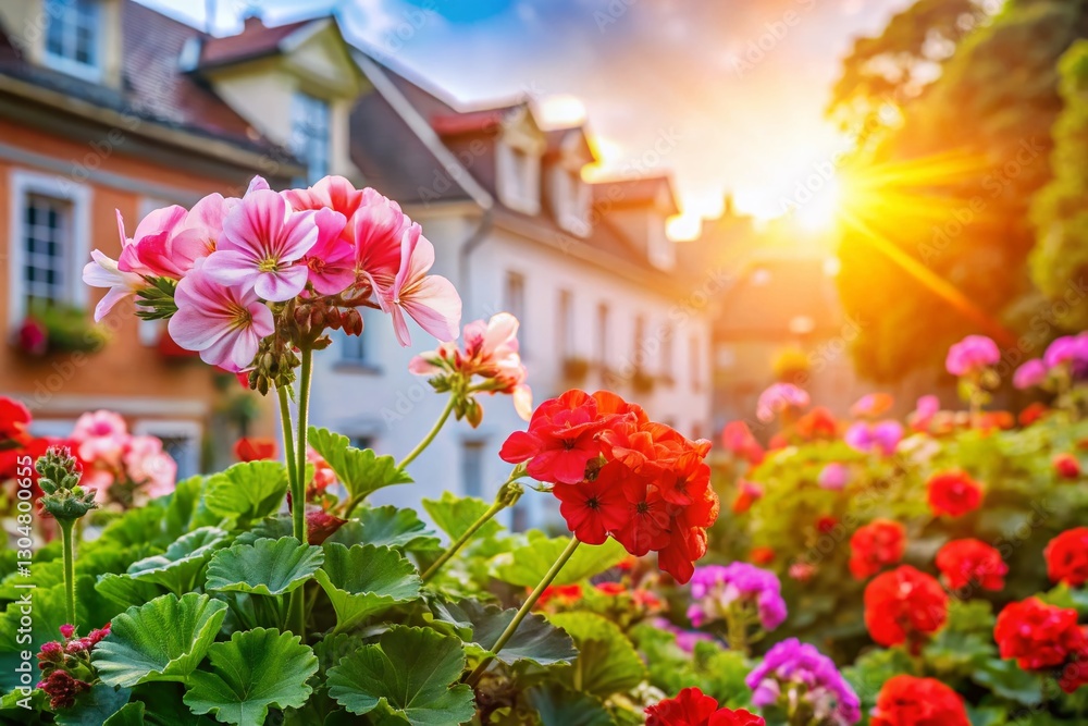 Vibrant Geranium and Asteraceae Flowers in Outdoor Garden Setting Vibrant Geranium and Asteraceae Flowers in Outdoor Garden Setting