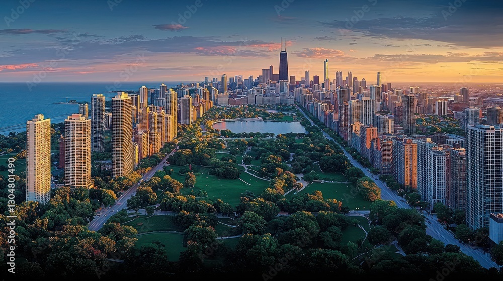 Obraz premium Chicago Skyline Sunset Park Aerial View. Possible Use Stock photo for travel, tourism, real estate, cityscapes