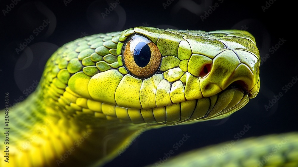 Green snake portrait, close-up, dark background Green snake portrait, close-up, dark background