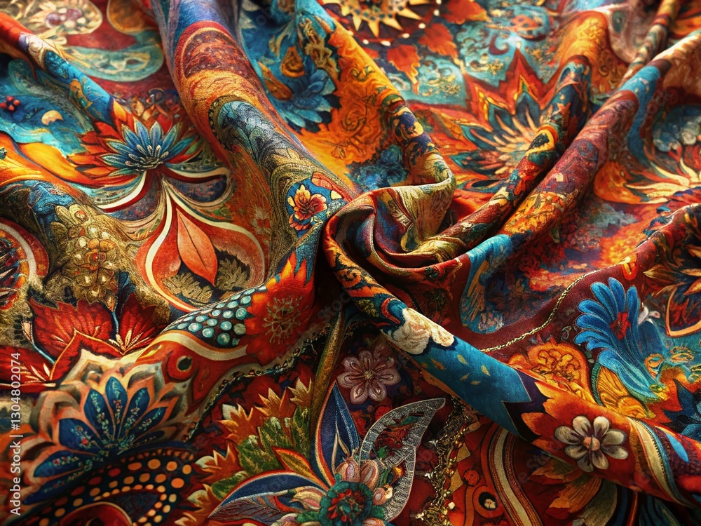 Fototapeta premium Vibrant Malaysian Batik Fabric: Intricate Aerial Textile Patterns