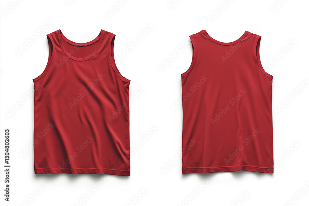 A red sleeveless t-shirt tank top is displayed from the front and back and a flat lay concept is used as a mockup design template A red sleeveless t-shirt tank top is displayed from the front and back and a flat lay concept is used as a mockup design template