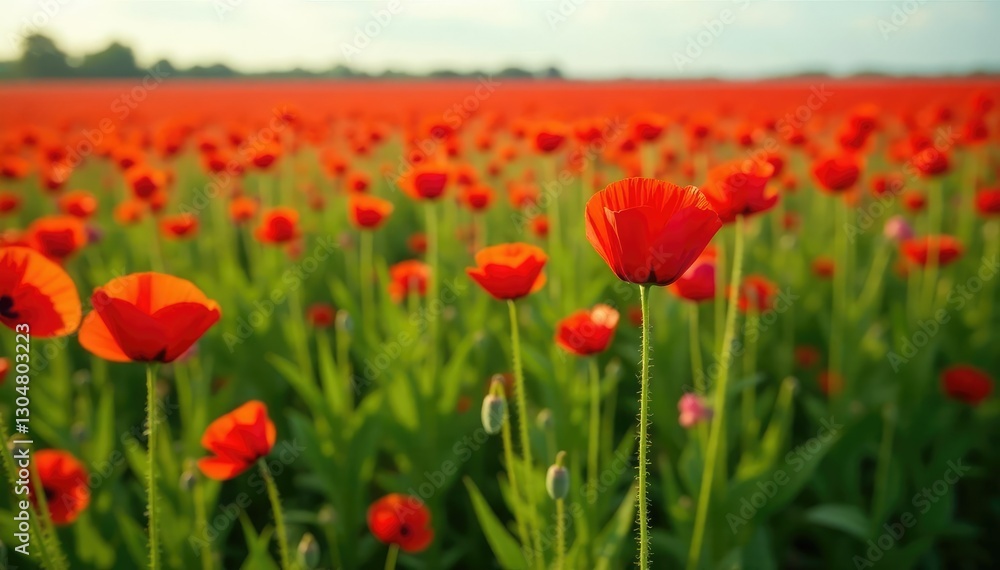 Field of tall red poppies and green grass stretching out to the horizon, endless fields, nature, flowers Field of tall red poppies and green grass stretching out to the horizon, endless fields, nature, flowers