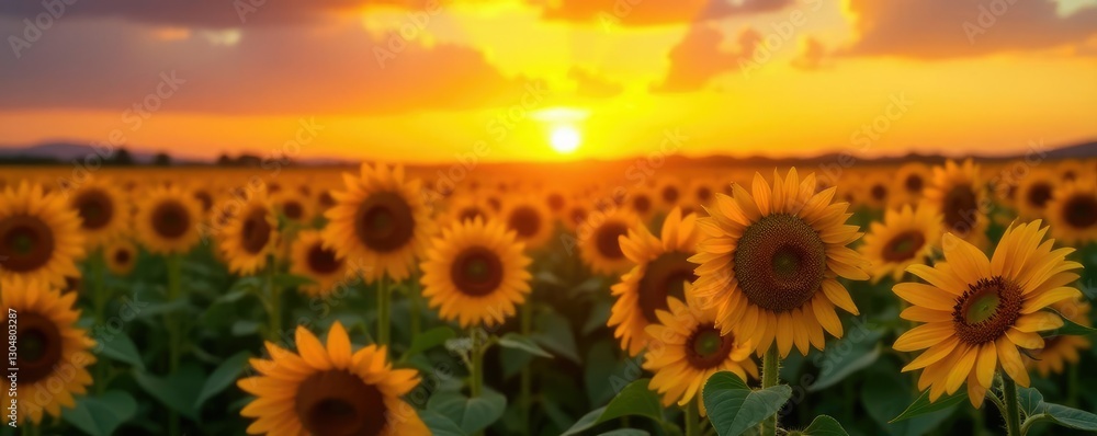 Obraz premium Field of tall sunflowers turning golden yellow at sunset, sunset, flowers