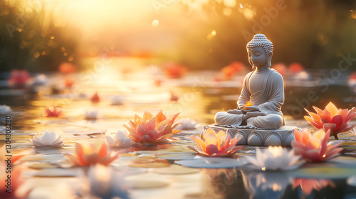 Buddha statue among bright lotus flowers. Buddha birthday holiday illustration