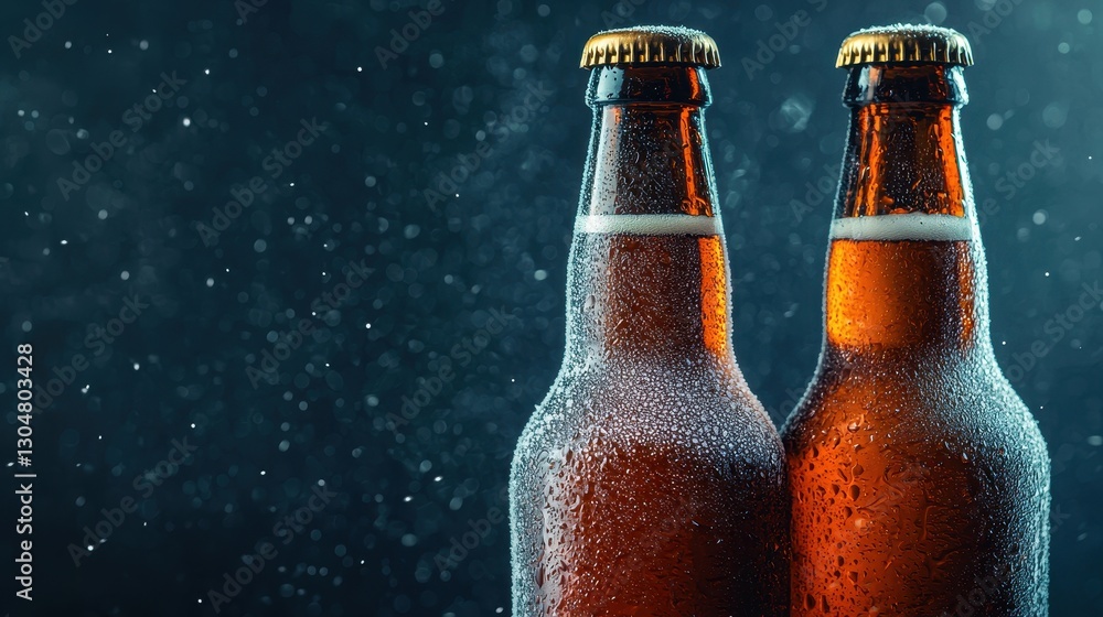 Glass Bottles of Beer with Water Drops on Surface in Dark Background with Blurry Light Effects Glass Bottles of Beer with Water Drops on Surface in Dark Background with Blurry Light Effects