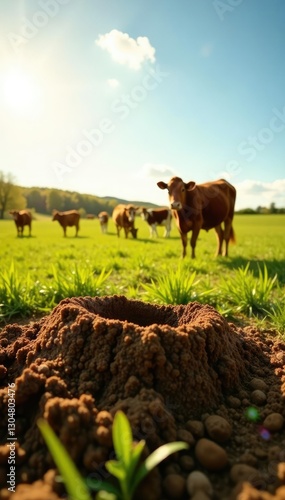 Field with cow dung pat turning brown in sunlight, organic, cows