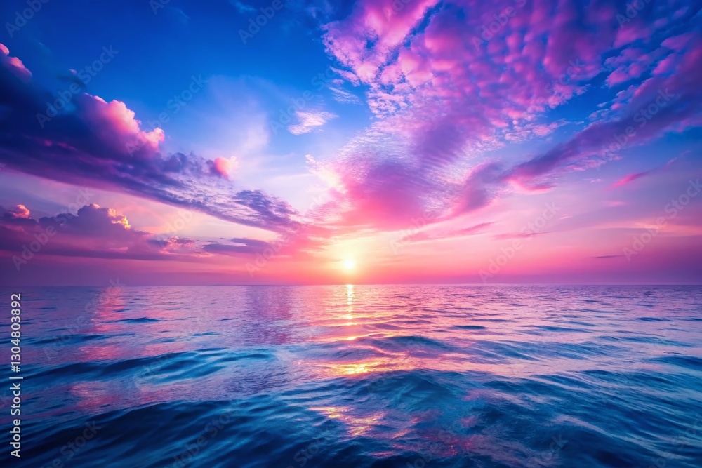 Fototapeta premium Vibrant Pink & Blue Sunset Ocean Calm Sea Horizon Haze Dreamy Landscape