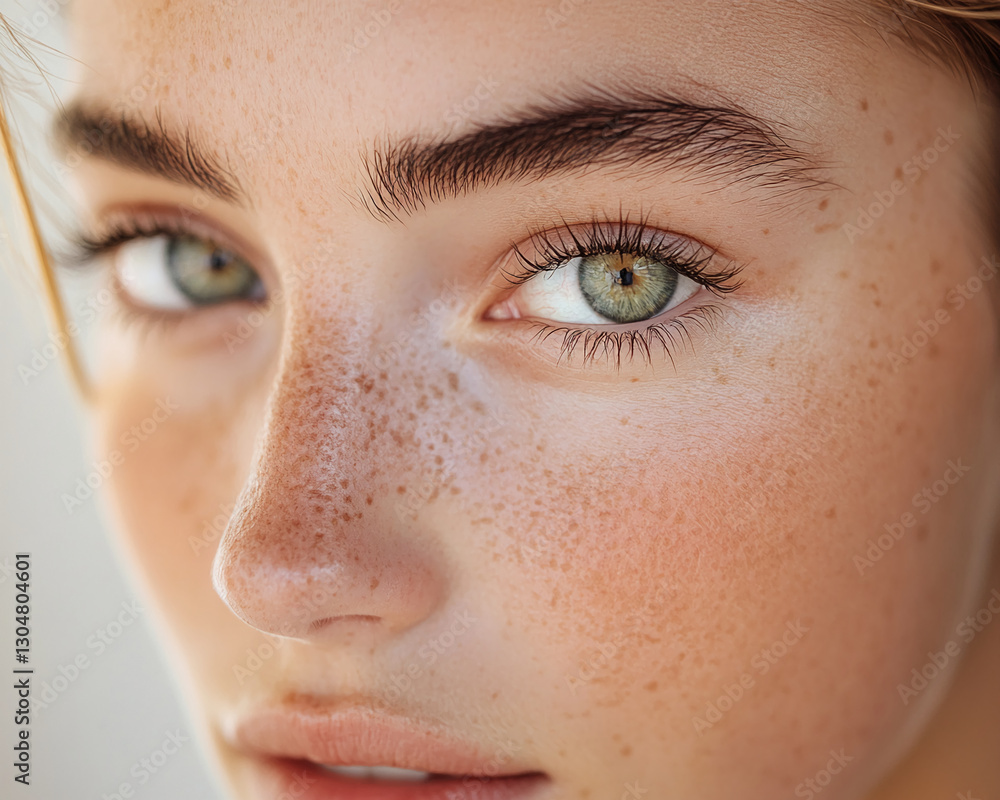 Fototapeta premium Close-up of a young woman with freckles and bright green eyes, showcasing her natural beauty, highlighting youthful features, and symbolizing innocence and freshness.
