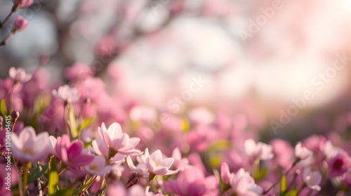 Spring Pink crocus flowers with blurred background, peaceful garden scene with sunlight and bokeh, cherry blossom trees