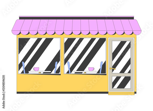 Cozy cafe exterior with large windows and pink awning 2D cartoon object. Coffee shop, dining, urban life. Modern bistro storefront isolated element flat vector clip art on white. Spot illustration