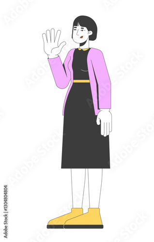 Korean woman in black dress cardigan waving with confident expression 2D cartoon character. Friendly greeting, asian female casual chic flat vector person isolated on white. Spot illustration colorful