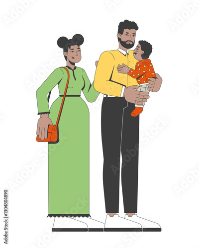 Loving african american family bonding moment 2D cartoon characters. Black father holding son baby while mother standing beside flat vector people isolated on white. Spot illustration colorful