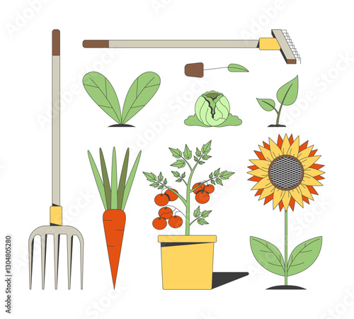 Gardening tools, vegetables and plants 2D cartoon object. Pitchfork, rake, sunflower, cabbage, carrot and cherry tomatoes pot isolated element flat vector clip art on white. Spot illustration