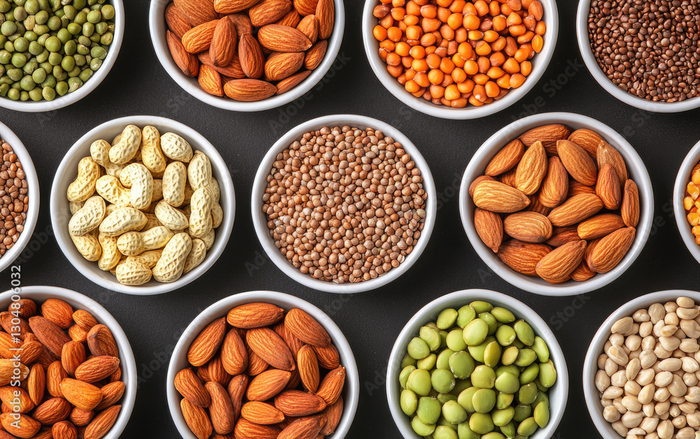 A vibrant assortment of nuts and legumes displayed in bowls, showcasing various shapes and colors, perfect for healthy snacking or cooking. A vibrant assortment of nuts and legumes displayed in bowls, showcasing various shapes and colors, perfect for healthy snacking or cooking.